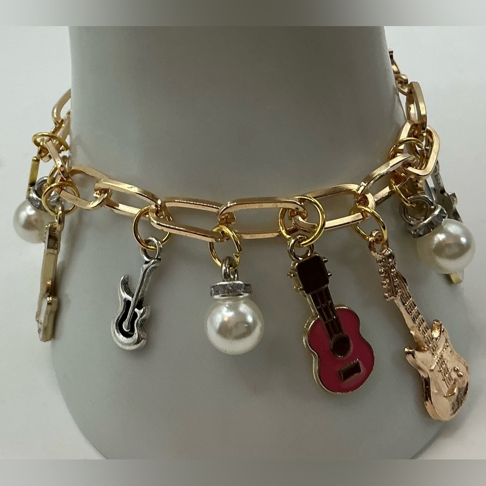 GUITAR MUSIC INSTRUMENT FAUX PEARL CHARMS GOLDTONE HANDMADE BRACELET